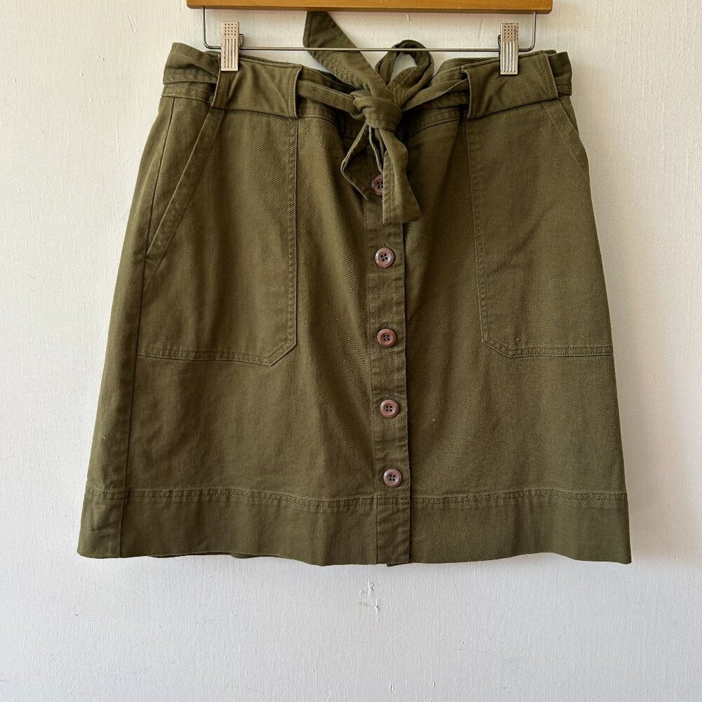 Lands End Button Front Military Green Skirt Womens 12P Pockets Belted Y2K Fairy
